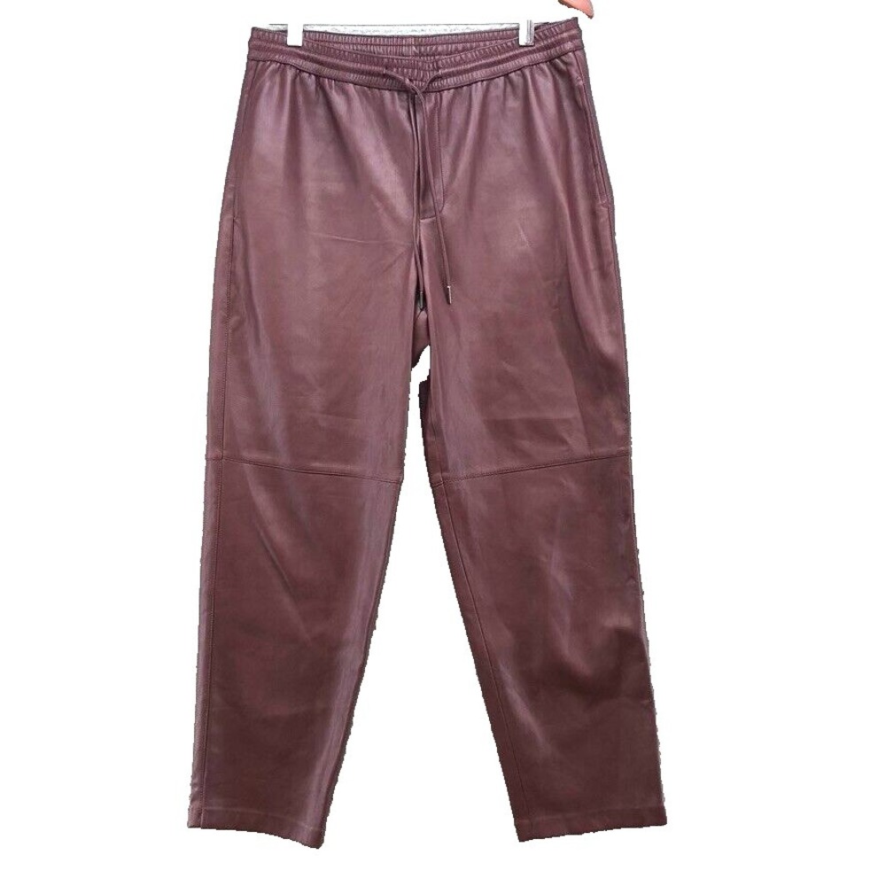 MNG Faux Leather Dress Pants Womens Medium Burgundy Tapered Leg Elastic‎ Waist